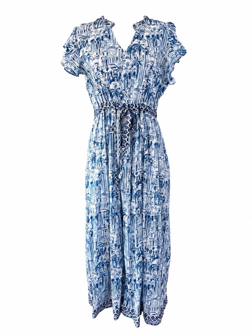 Charlee Aubrey Midi Dress Blue White Toile Landscape Print Cotton Size Medium